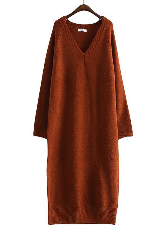 Vintage chocolate Sweater Wardrobes Street Style v neck baggy daily sweater dresses - bagstylebliss