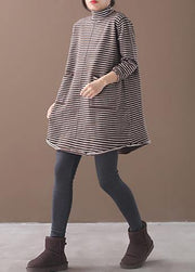 Vintage chocolate striped knitwear oversize high neck asymmetric clothes - bagstylebliss