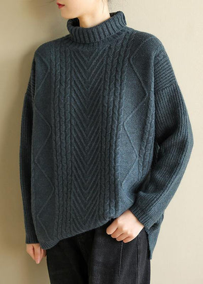 Vintage gray black knitted top cable fashion high neck knitwear - bagstylebliss