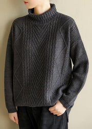 Vintage gray black knitted top cable fashion high neck knitwear - bagstylebliss