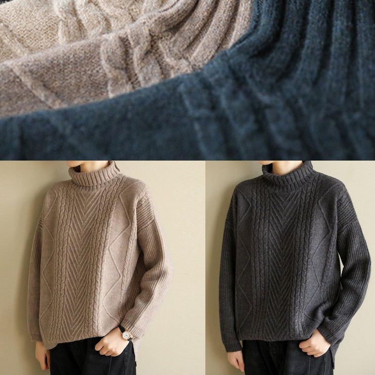 Vintage gray black knitted top cable fashion high neck knitwear - bagstylebliss