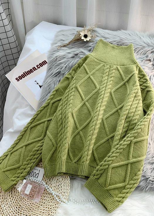 Vintage green knit sweat tops Loose fitting high neck thick knitted pullover - bagstylebliss