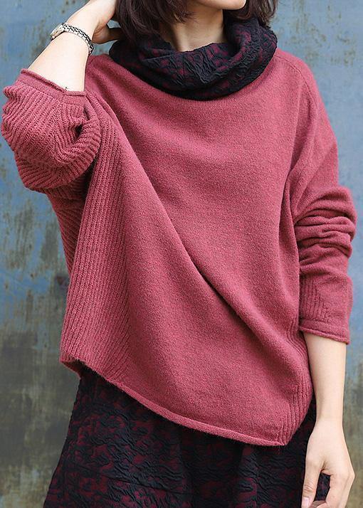 Vintage high neck red sweaters plus size long sleeve clothes For Women - bagstylebliss