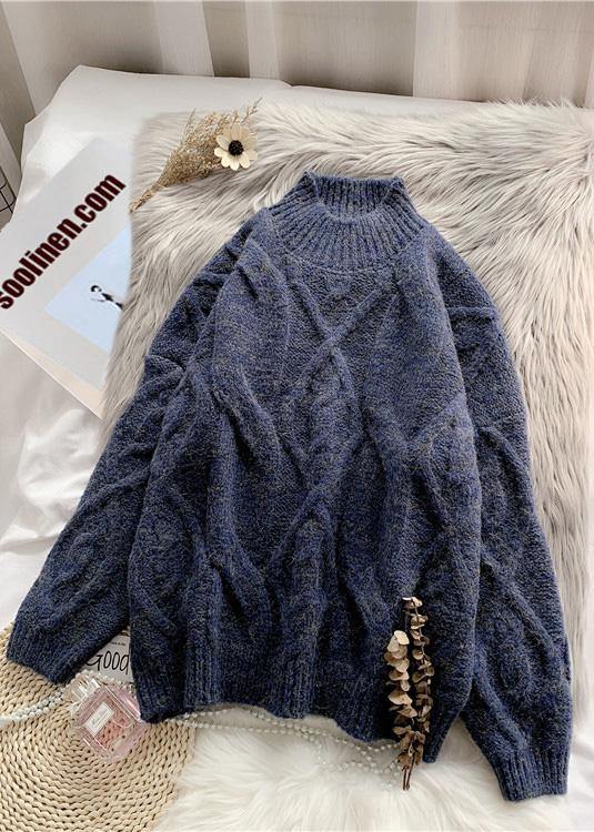 Vintage high neck thick Sweater dress Classy dark blue sweater dresses - bagstylebliss