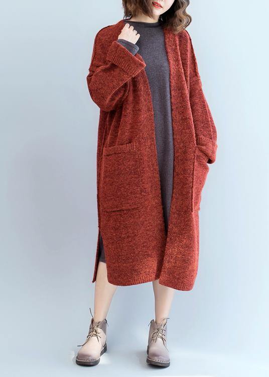 Vintage knitted coat oversized red Batwing Sleeve pockets coats - bagstylebliss