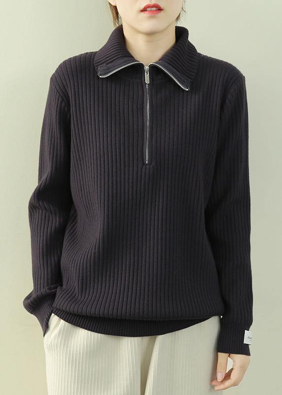 Vintage navy knitted clothes lapel zippered Loose fitting knit tops - bagstylebliss