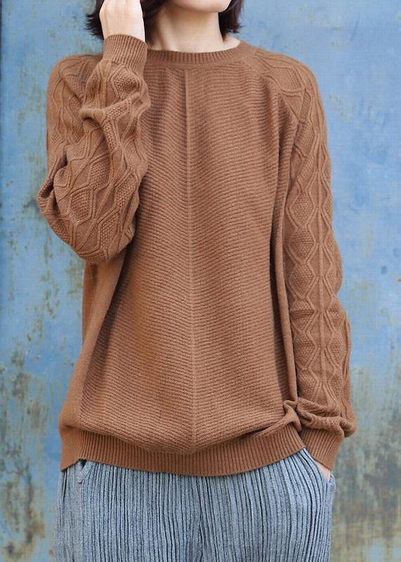 Vintage o neck cable khaki knit sweat tops plus size side open Sweater Blouse - bagstylebliss
