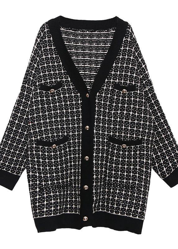 Vintage plaid black knitwear casual v neck cardigans - bagstylebliss