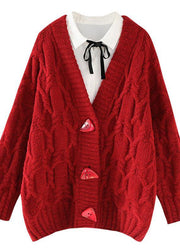Vintage red knitted outwear casual spring v neck Button knit outwear - bagstylebliss