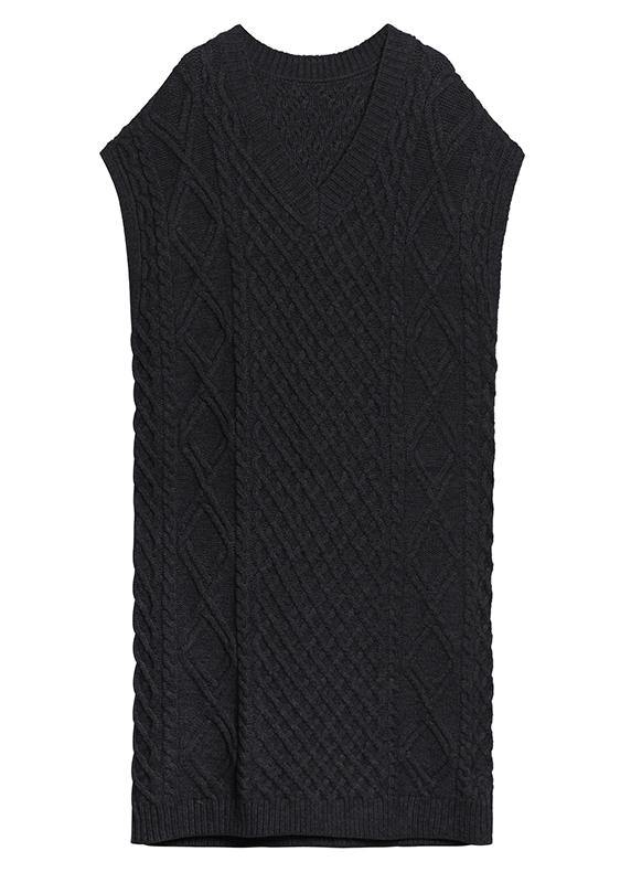 Vintage v neck sleeveless Sweater spring dress outfit Design black tunic knitted dress - bagstylebliss