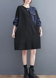 Vintage black patchwork denim blue Sweater dresses Quotes pockets baggy sweater dresses