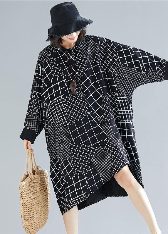 Vivid Black Plaid Quilting Dresses O Neck Asymmetric Robe Spring Dress - bagstylebliss