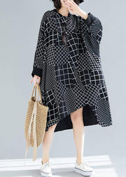 Vivid Black Plaid Quilting Dresses O Neck Asymmetric Robe Spring Dress - bagstylebliss