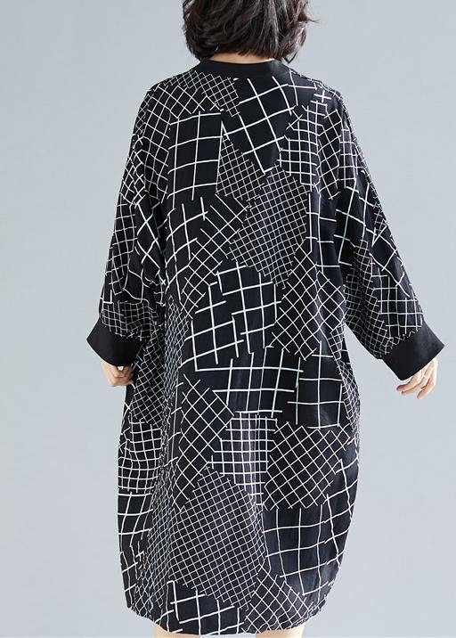 Vivid Black Plaid Quilting Dresses O Neck Asymmetric Robe Spring Dress - bagstylebliss