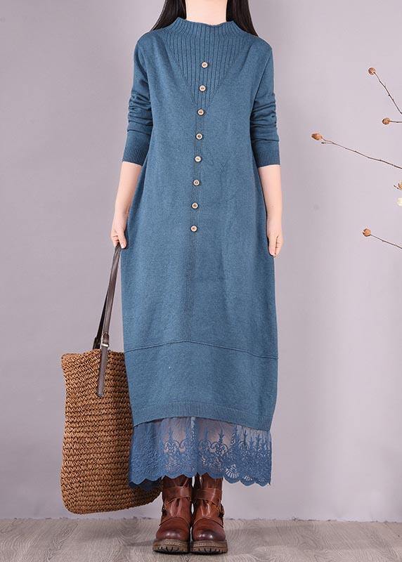 Vivid Blue Tunics O Neck Patchwork Lace Spring Dress - bagstylebliss
