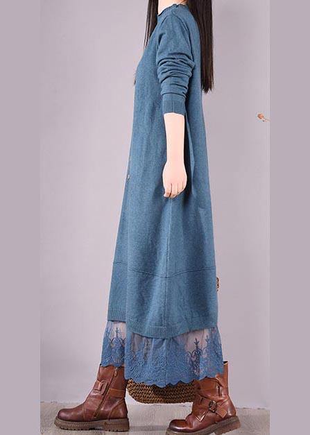 Vivid Blue Tunics O Neck Patchwork Lace Spring Dress - bagstylebliss