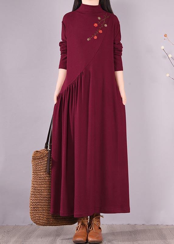 Vivid Burgundy Embroidery Tunic Pattern High Neck Cinched Spring Dress - bagstylebliss