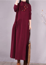 Vivid Burgundy Embroidery Tunic Pattern High Neck Cinched Spring Dress - bagstylebliss