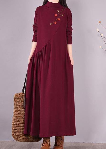 Vivid Burgundy Embroidery Tunic Pattern High Neck Cinched Spring Dress - bagstylebliss