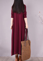 Vivid Burgundy Embroidery Tunic Pattern High Neck Cinched Spring Dress - bagstylebliss