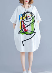 Vivid Cartoon print Cotton Tunics Tutorials white short sleeve Dress summer - bagstylebliss