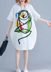 Vivid Cartoon print Cotton Tunics Tutorials white short sleeve Dress summer - bagstylebliss