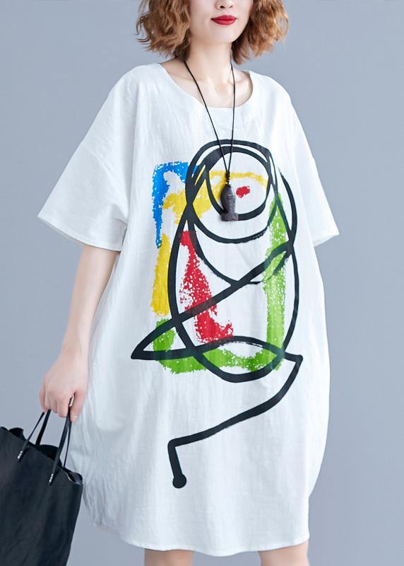 Vivid Cartoon print Cotton Tunics Tutorials white short sleeve Dress summer - bagstylebliss