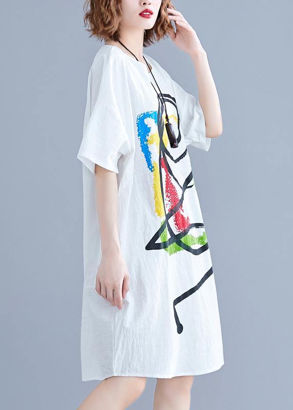 Vivid Cartoon print Cotton Tunics Tutorials white short sleeve Dress summer - bagstylebliss