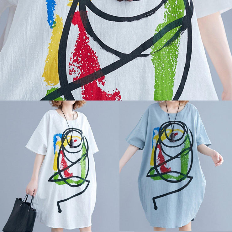 Vivid Cartoon print Cotton Tunics Tutorials white short sleeve Dress summer - bagstylebliss