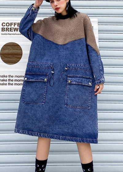 Vivid Denim Blue Clothes Women Patchwork Drawstring Robe Spring Dresses - bagstylebliss