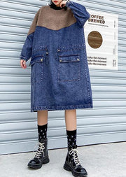 Vivid Denim Blue Clothes Women Patchwork Drawstring Robe Spring Dresses - bagstylebliss