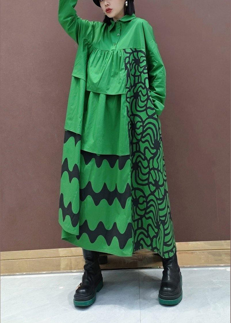 Vivid Lapel Asymmetric Spring Quilting Dresses Tunic Green Print Plus Size Dress - bagstylebliss