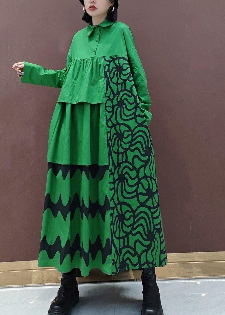 Vivid Lapel Asymmetric Spring Quilting Dresses Tunic Green Print Plus Size Dress - bagstylebliss