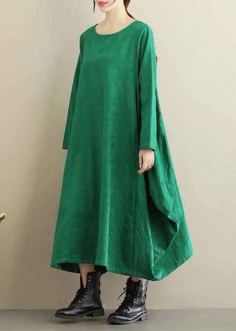 Vivid O Neck Asymmetric Spring Dress Sewing Green Jacquard Maxi Dresses - bagstylebliss