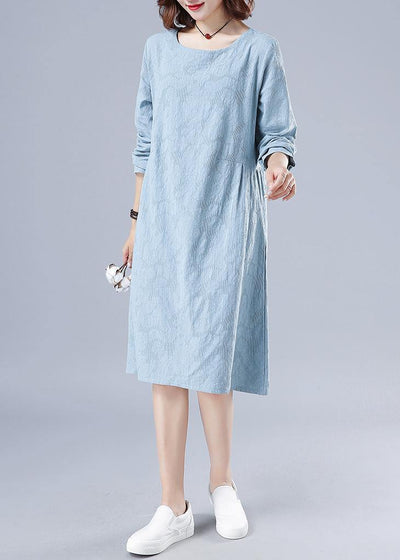 Vivid O Neck Spring Clothes For Women Wardrobes Light Blue Jacquard Dresses - bagstylebliss