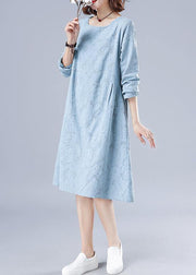 Vivid O Neck Spring Clothes For Women Wardrobes Light Blue Jacquard Dresses - bagstylebliss