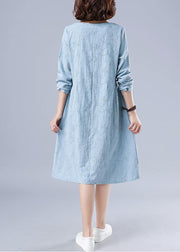 Vivid O Neck Spring Clothes For Women Wardrobes Light Blue Jacquard Dresses - bagstylebliss