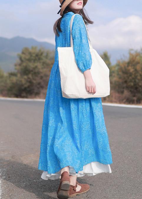 Vivid Stand Collar Cinched Spring Dresses Neckline Blue Embroidery Loose Dresses - bagstylebliss