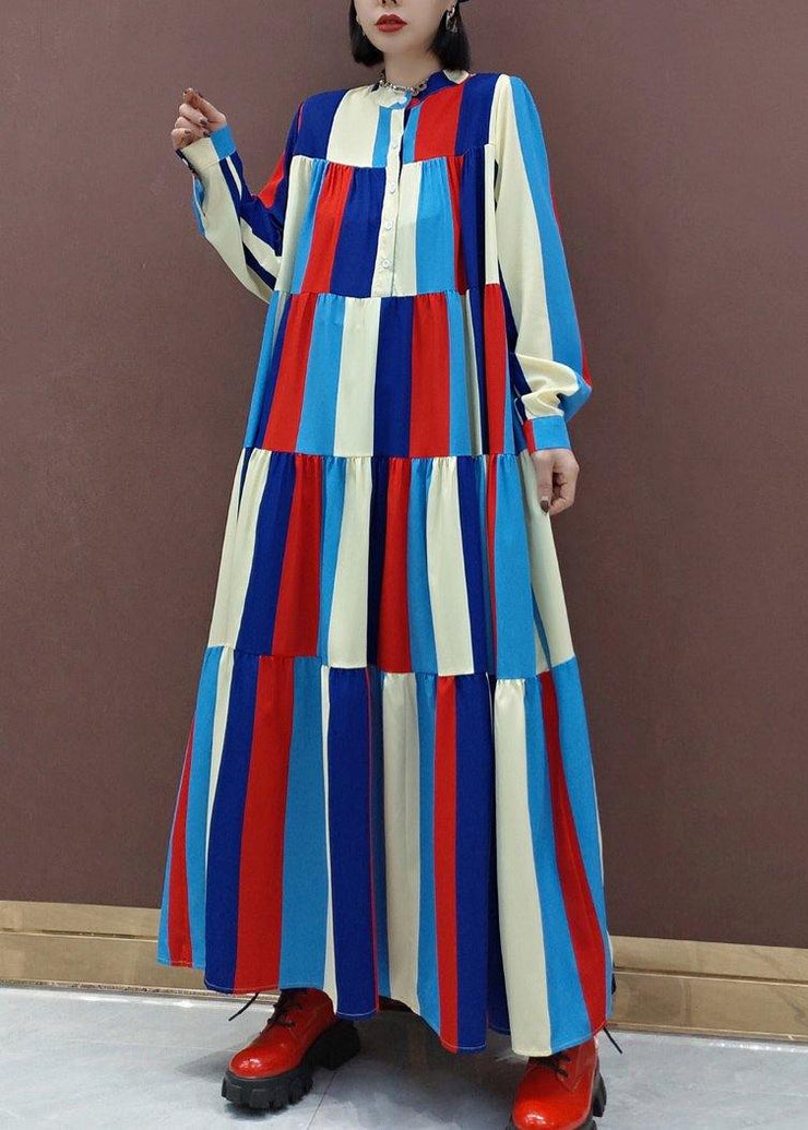 Vivid Stand Collar Patchwork Spring Clothes Women Fashion Ideas Multicolor Striped Kaftan Dresses - bagstylebliss