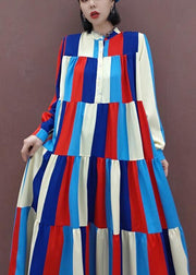 Vivid Stand Collar Patchwork Spring Clothes Women Fashion Ideas Multicolor Striped Kaftan Dresses - bagstylebliss