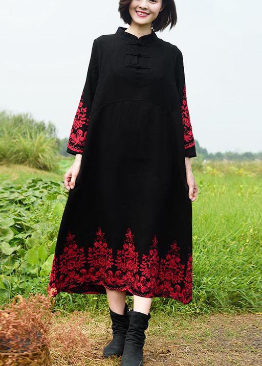 Vivid Stand Collar Spring Tunics Work Black Embroidery Long Dresses - bagstylebliss