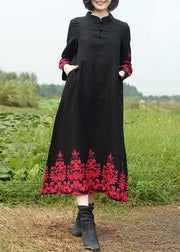 Vivid Stand Collar Spring Tunics Work Black Embroidery Long Dresses - bagstylebliss