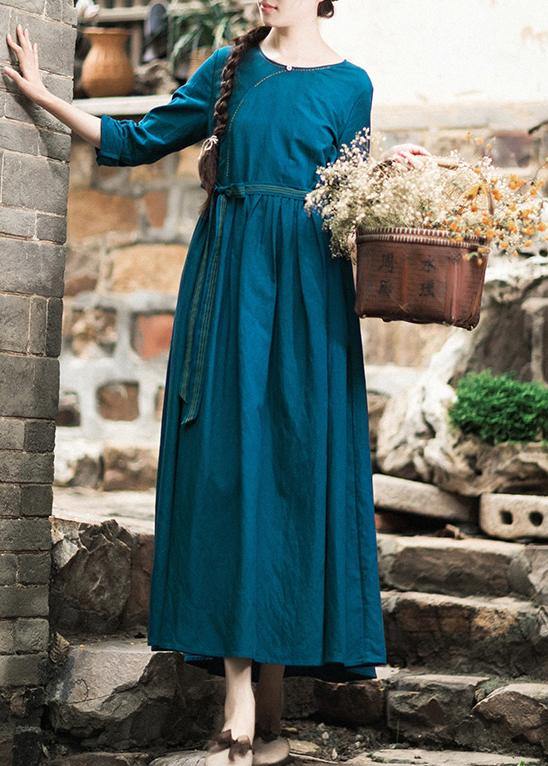 Vivid Tie Waist O Neck Spring Clothes Pattern Blue Dresses - bagstylebliss