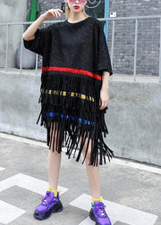 Vivid black Cotton 0layered tassel Dresses summer Dress - bagstylebliss
