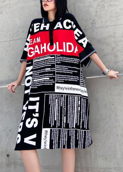 Vivid black Letter Cotton quilting clothes lapel side open oversized Dresses - bagstylebliss