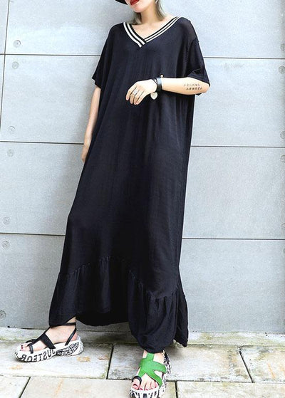 Vivid black cotton Tunics v neck Traveling ruffles summer Dresses - bagstylebliss