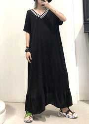 Vivid black cotton Tunics v neck Traveling ruffles summer Dresses - bagstylebliss