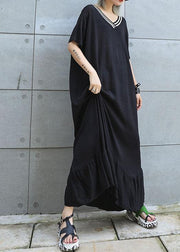 Vivid black cotton Tunics v neck Traveling ruffles summer Dresses - bagstylebliss