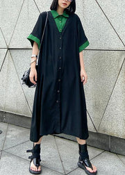 Vivid black cotton clothes Women lapel Button Down Maxi summer Dress - bagstylebliss