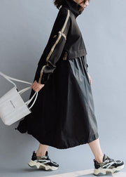Vivid black cotton dress patchwork high neck A Line fall Dresses - bagstylebliss